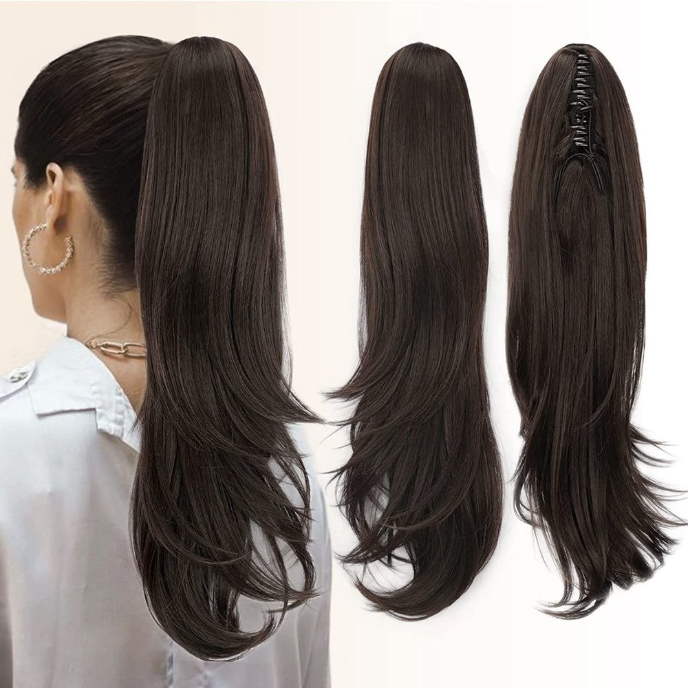 22 Inch Long Wavy Claw Ponytail Extension Clip in Synthetic Layered Hairpiece